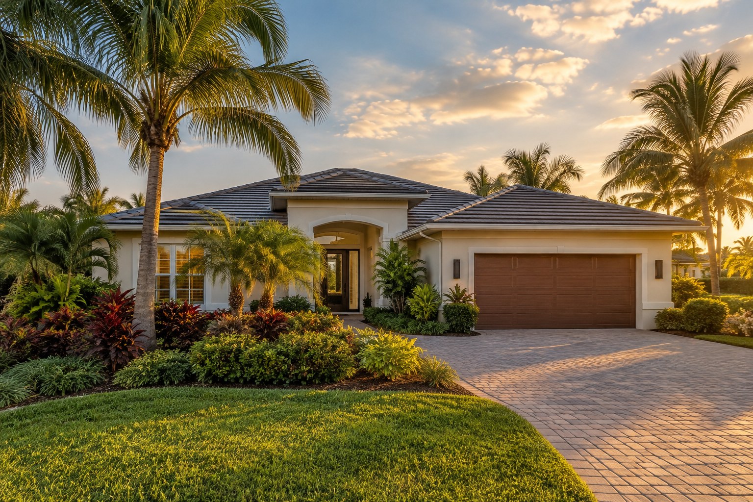A Treasure Coast Florida home with palms in warm evening light