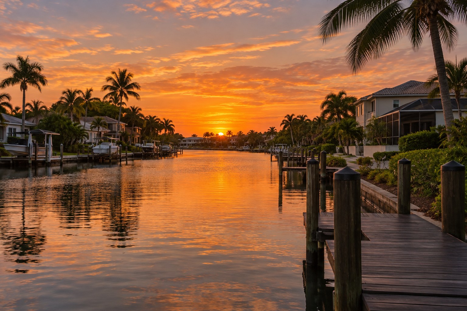 A residential street in Stuart at sunset, illustrative